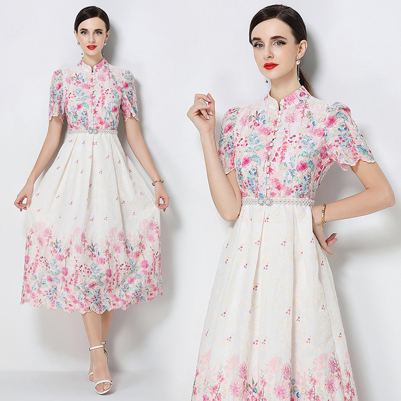 Short sleeve embroidery printing slim fashion long dress