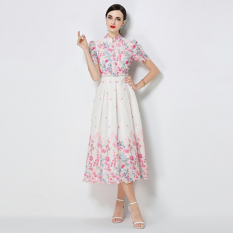 Short sleeve embroidery printing slim fashion long dress