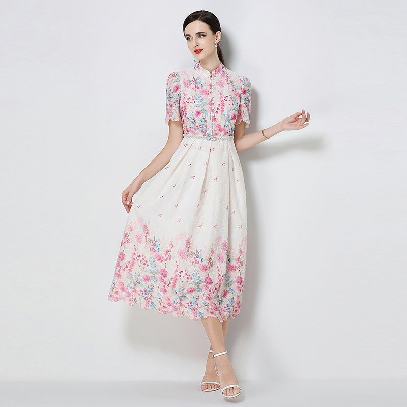 Short sleeve embroidery printing slim fashion long dress