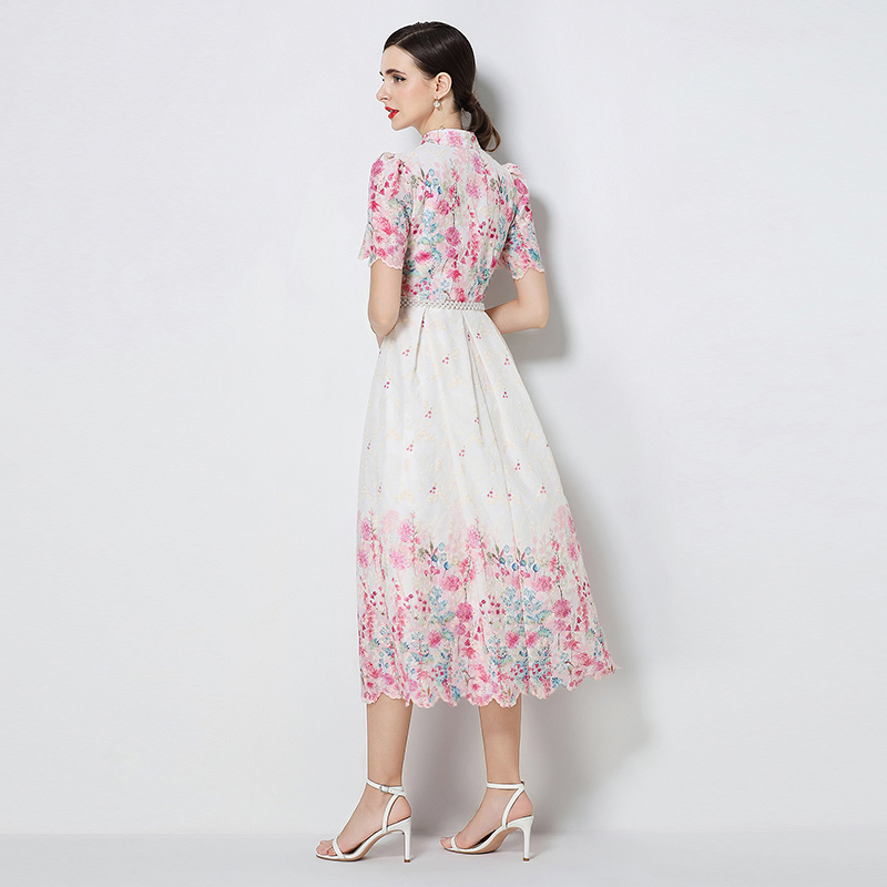 Short sleeve embroidery printing slim fashion long dress