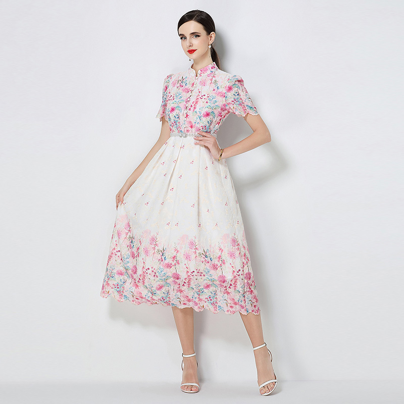 Short sleeve embroidery printing slim fashion long dress