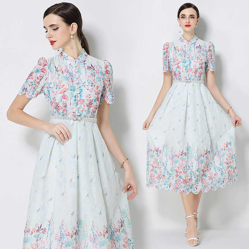 Short sleeve fashion slim long embroidery printing dress
