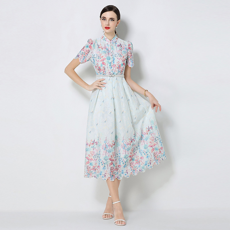 Short sleeve fashion slim long embroidery printing dress