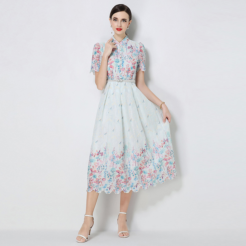 Short sleeve fashion slim long embroidery printing dress