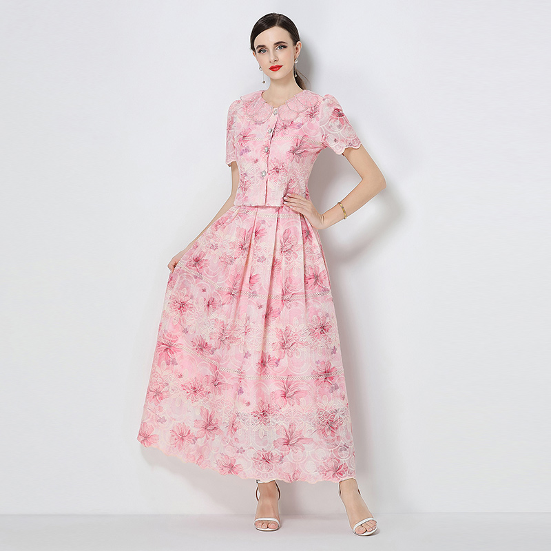 Petal collar slim embroidery fashion skirt a set