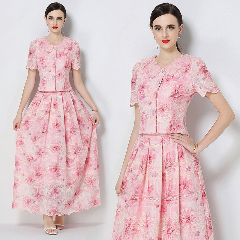 Petal collar slim embroidery fashion skirt a set