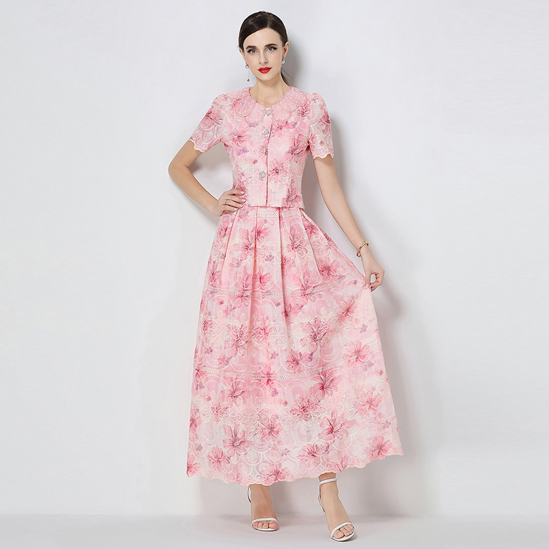 Petal collar slim embroidery fashion skirt a set
