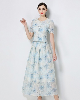 Printing petal collar embroidery skirt a set