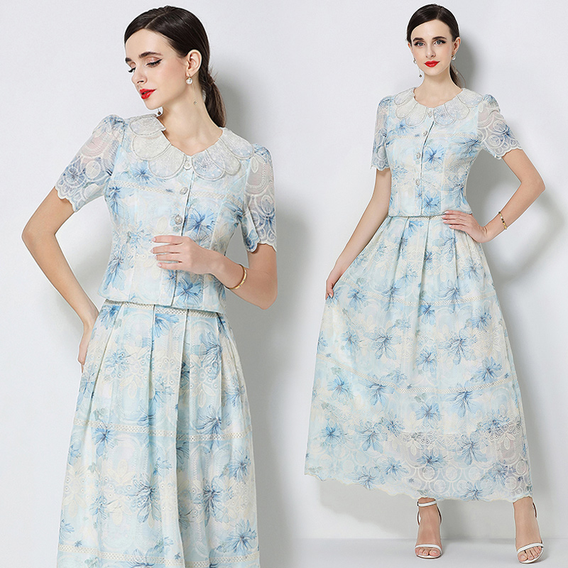 Printing petal collar embroidery skirt a set