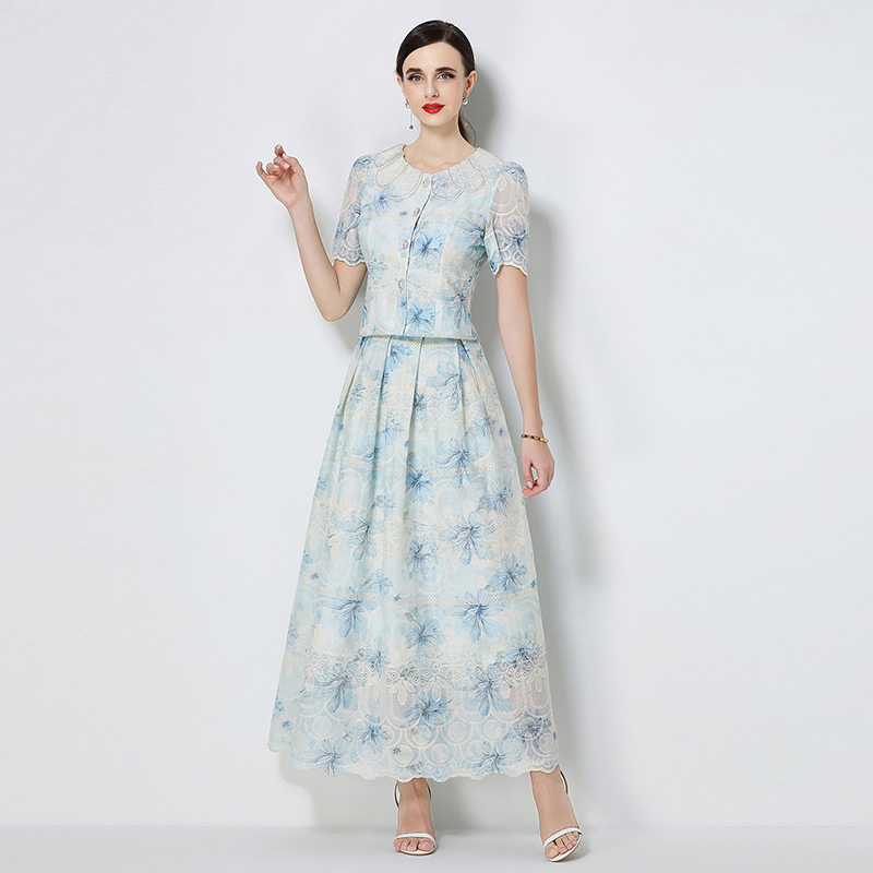Printing petal collar embroidery skirt a set