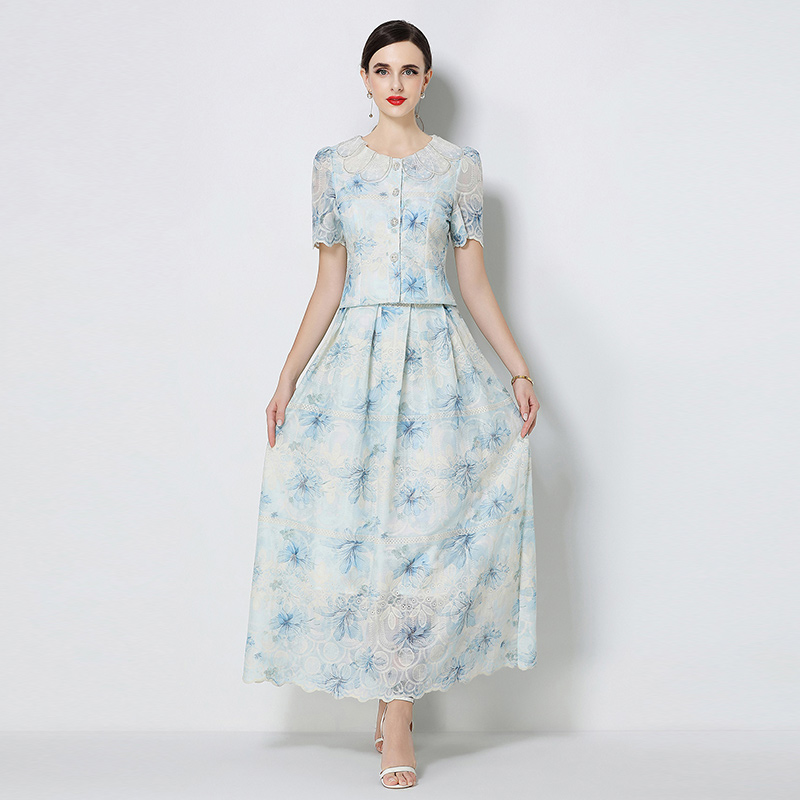 Printing petal collar embroidery skirt a set
