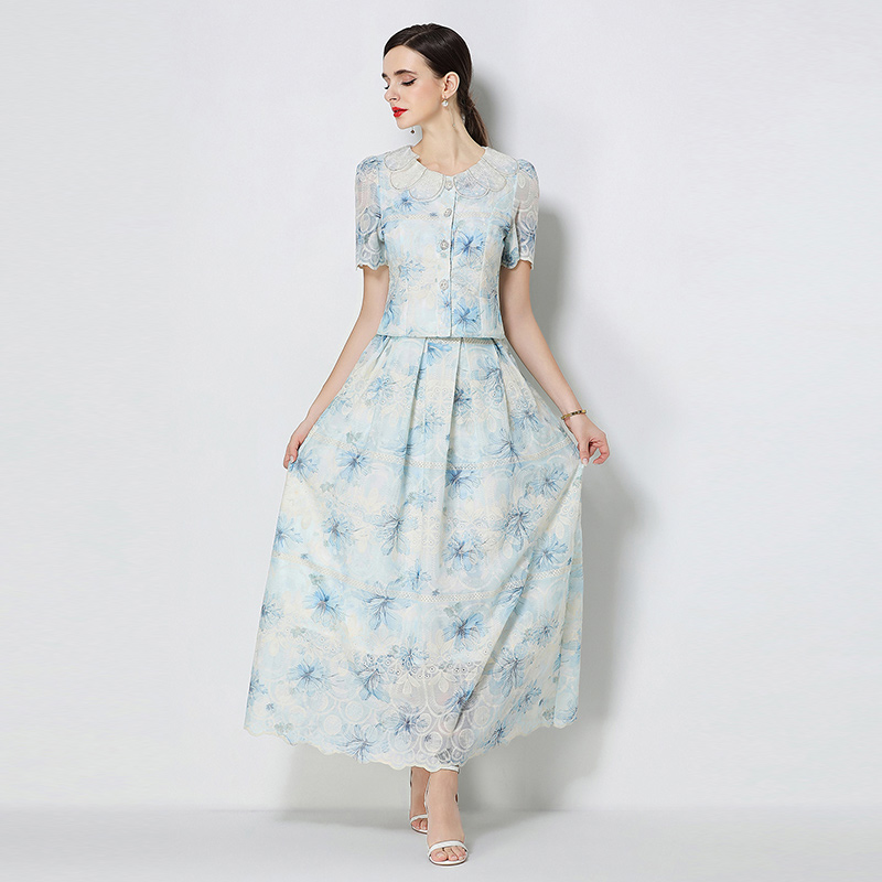 Printing petal collar embroidery skirt a set