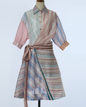 Silk linen stripe short spring dress