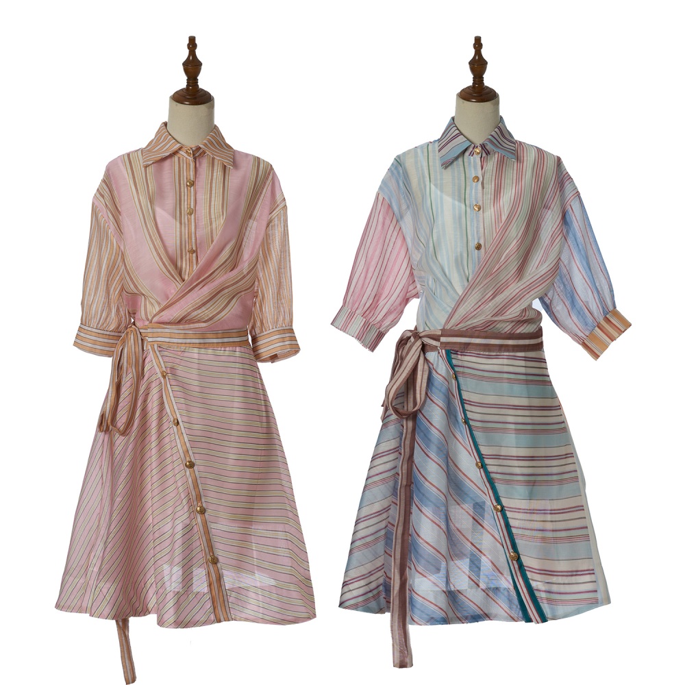 Silk linen stripe short spring dress