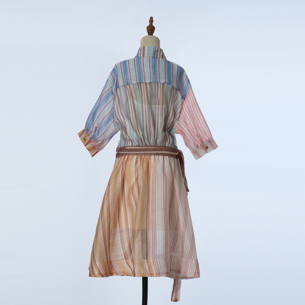 Silk linen stripe short spring dress