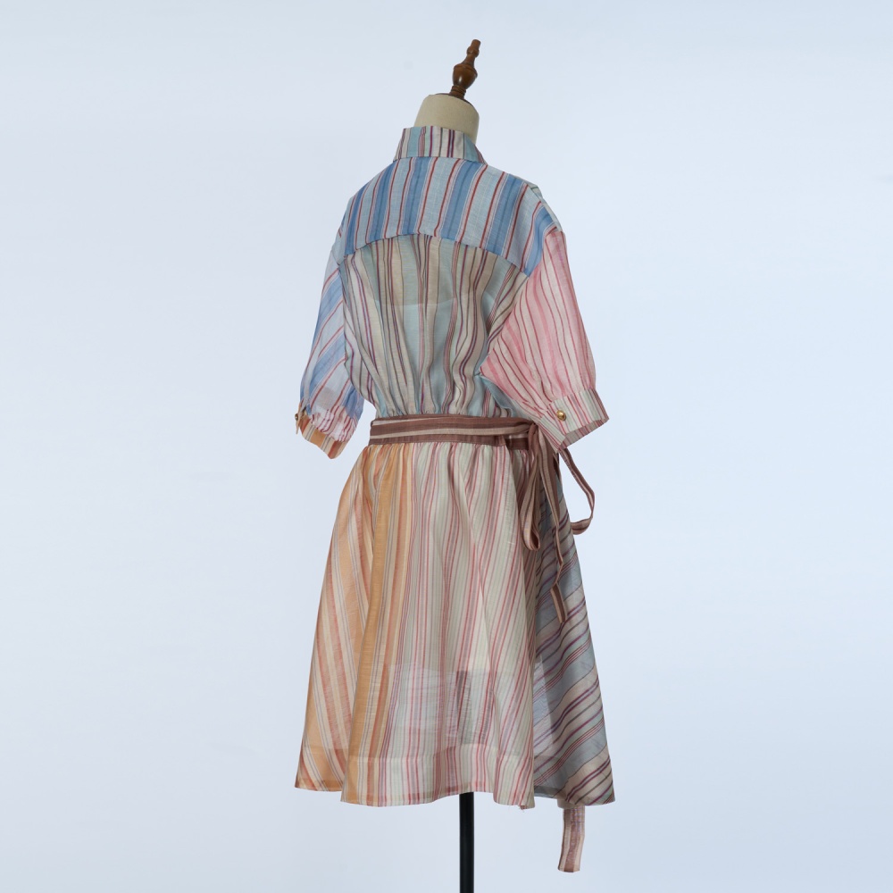 Silk linen stripe short spring dress