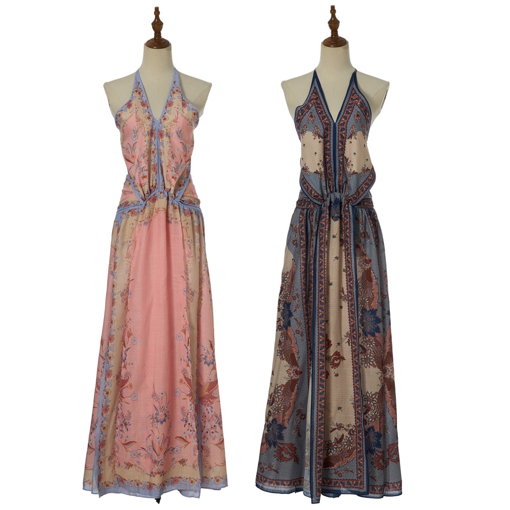 Halter long sling dress flowers pattern summer swimwear