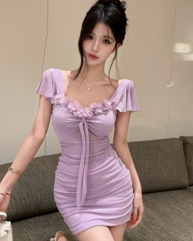 Flowers sexy short sleeve splice bottoming low-cut dress