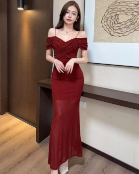 Flat shoulder vacation long dress seaside banquet dress