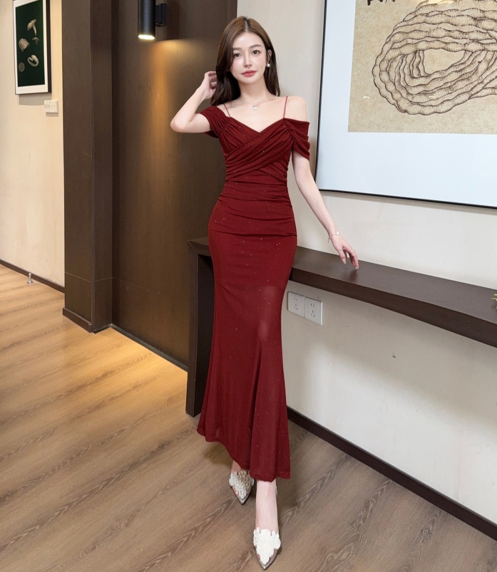 Flat shoulder vacation long dress seaside banquet dress