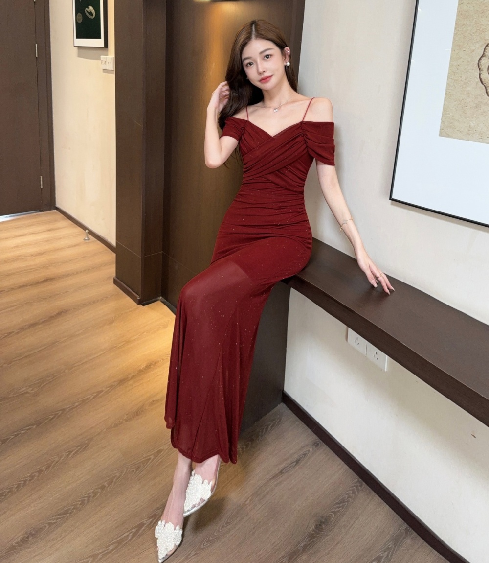 Flat shoulder vacation long dress seaside banquet dress