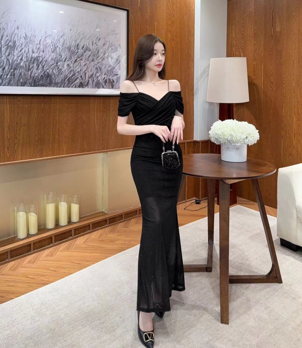 Flat shoulder vacation long dress seaside banquet dress