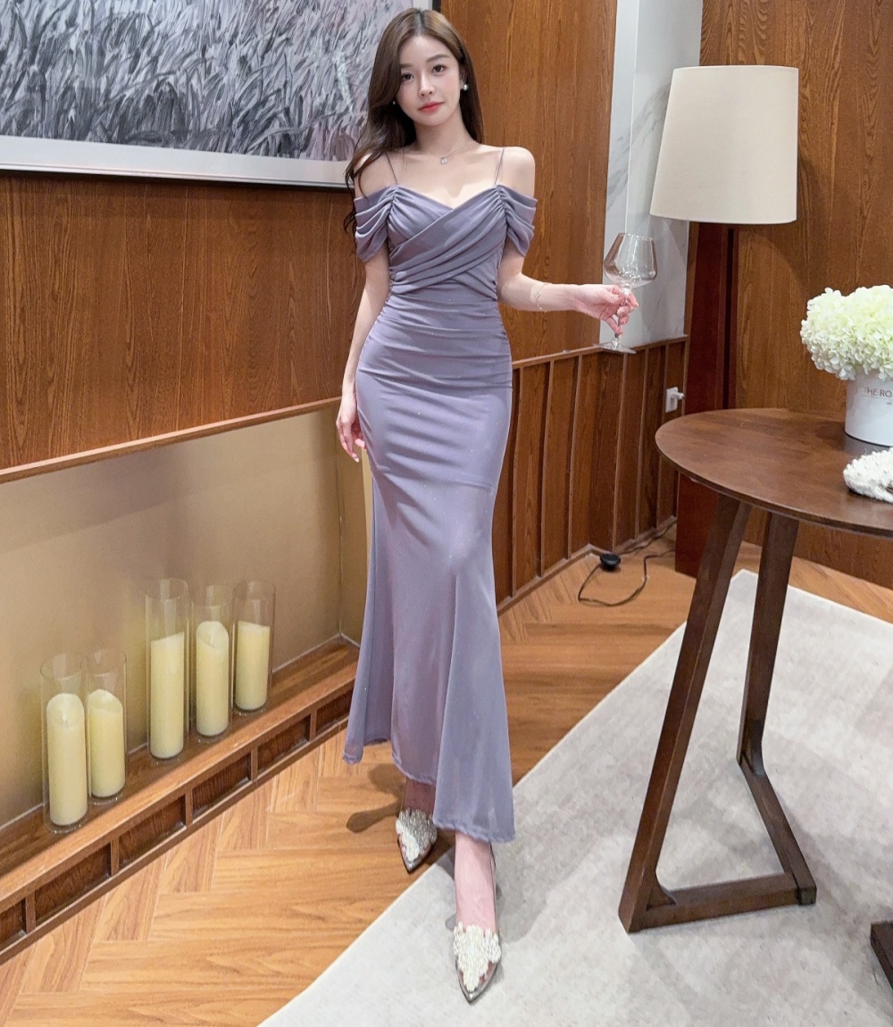 Flat shoulder vacation long dress seaside banquet dress