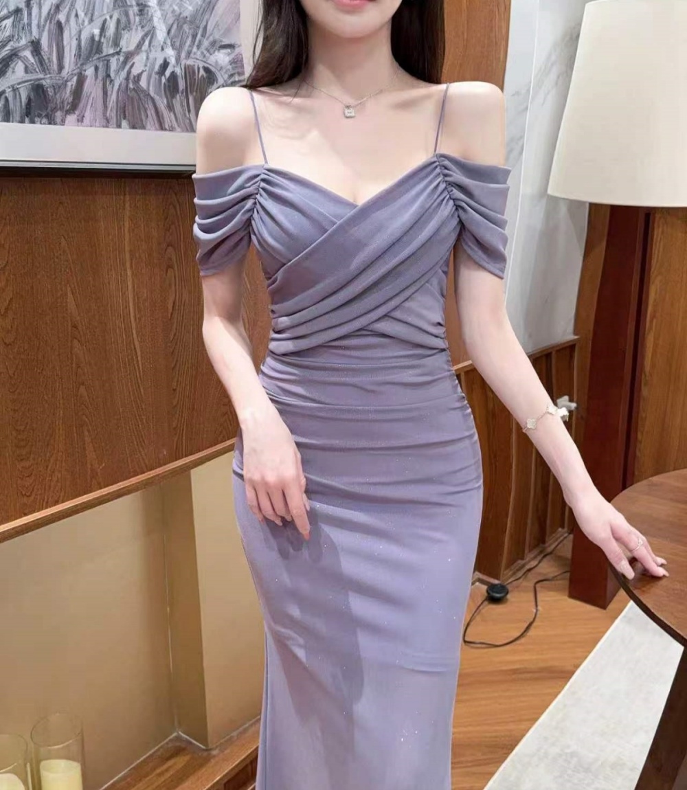 Flat shoulder vacation long dress seaside banquet dress