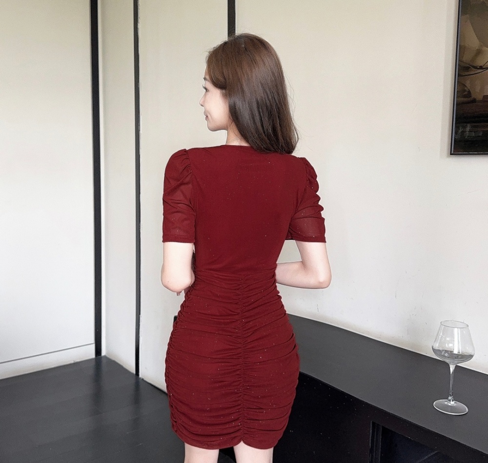 Puff sleeve tight fold dress V-neck retro package hip T-back