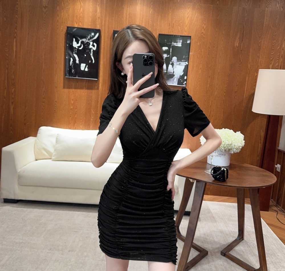 Puff sleeve tight fold dress V-neck retro package hip T-back