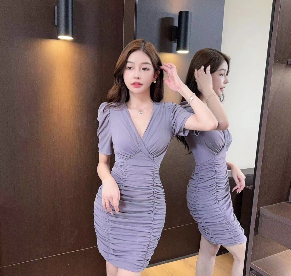 Puff sleeve tight fold dress V-neck retro package hip T-back