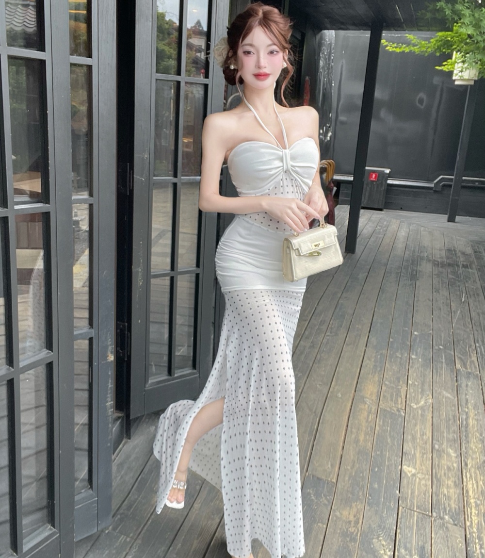 Hollow polka dot beach dress halter France style dress