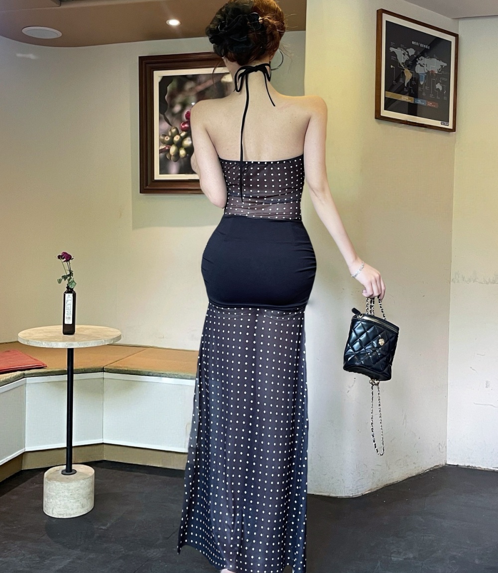 Hollow polka dot beach dress halter France style dress