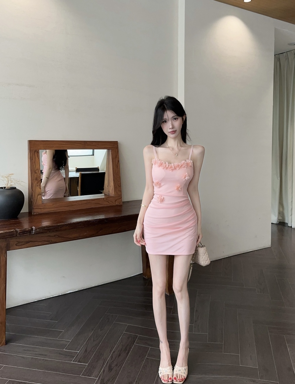 Bottoming gauze flowers splice package hip sexy sling dress