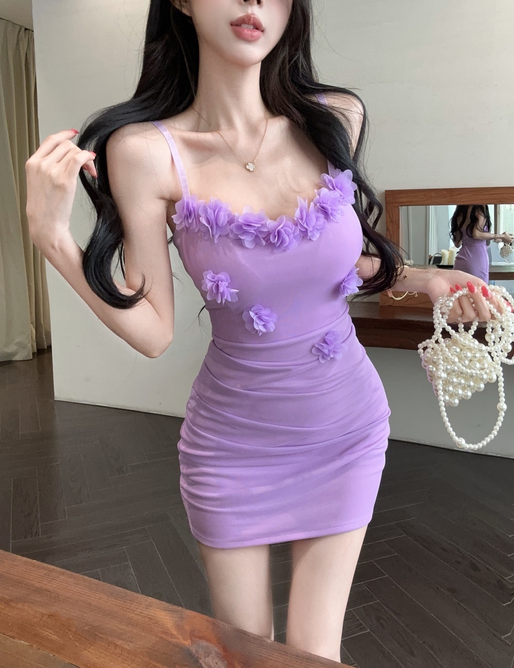 Bottoming gauze flowers splice package hip sexy sling dress