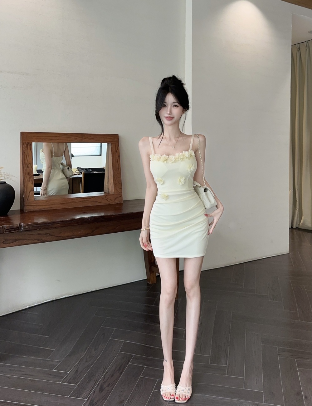 Bottoming gauze flowers splice package hip sexy sling dress