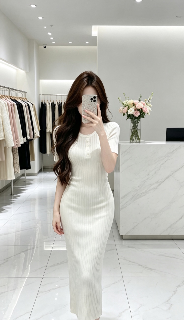 Korean style short sleeve long dress light dress for women