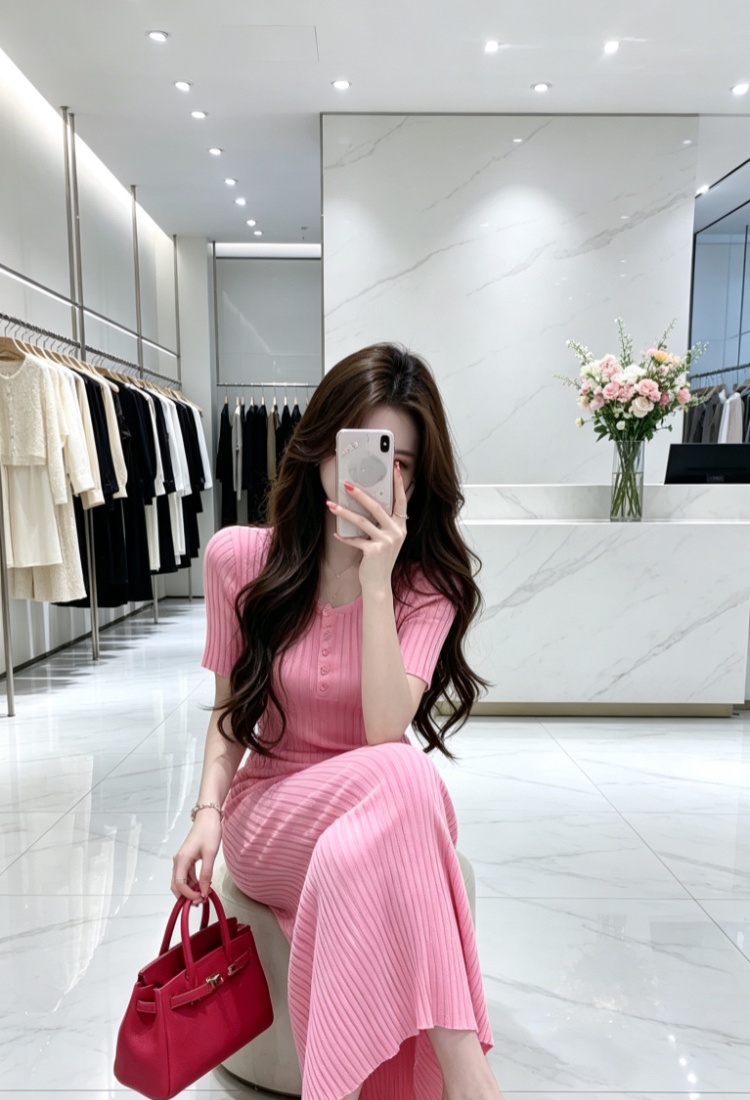 Korean style short sleeve long dress light dress for women