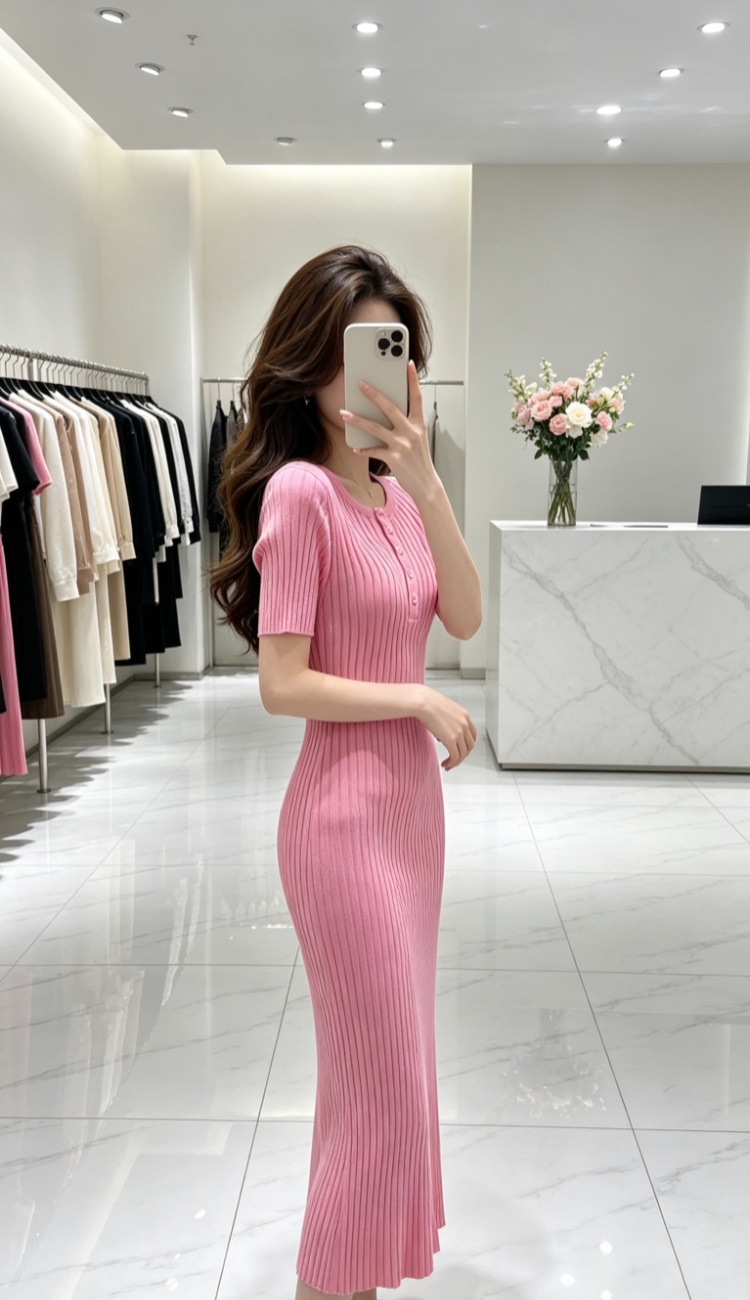Korean style short sleeve long dress light dress for women