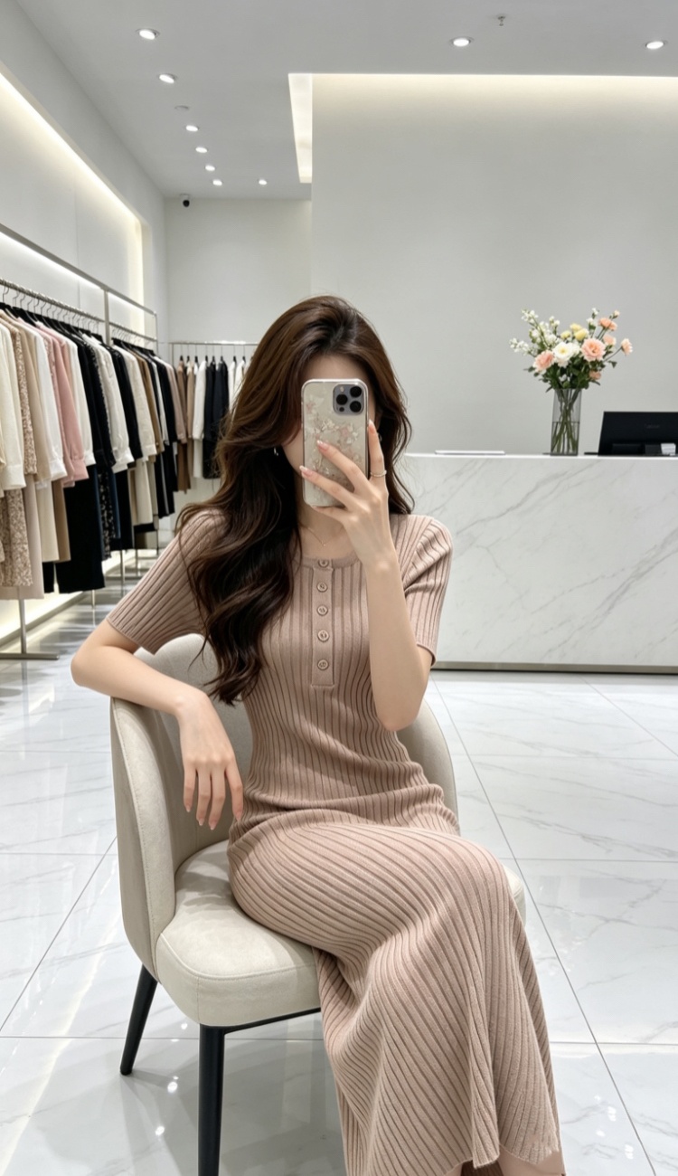 Korean style short sleeve long dress light dress for women