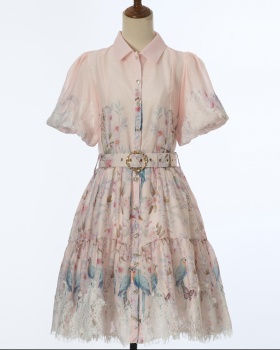 Big skirt printing dress puff sleeve France style T-back