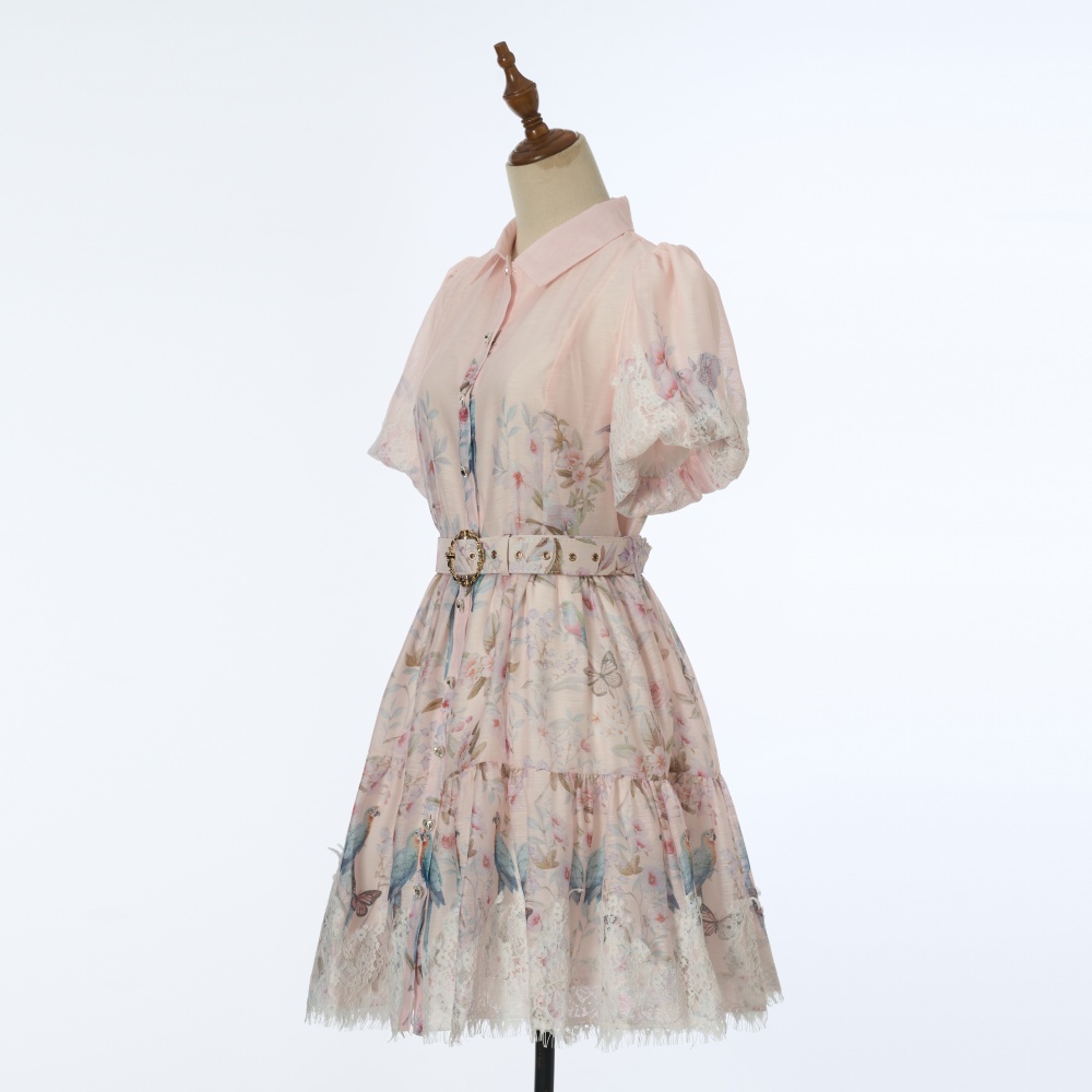 Big skirt printing dress puff sleeve France style T-back