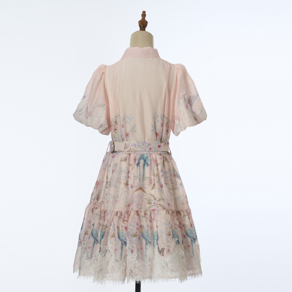 Big skirt printing dress puff sleeve France style T-back