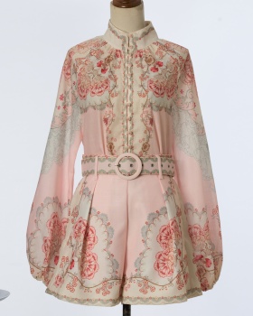 Cstand collar printing belt wide leg shorts