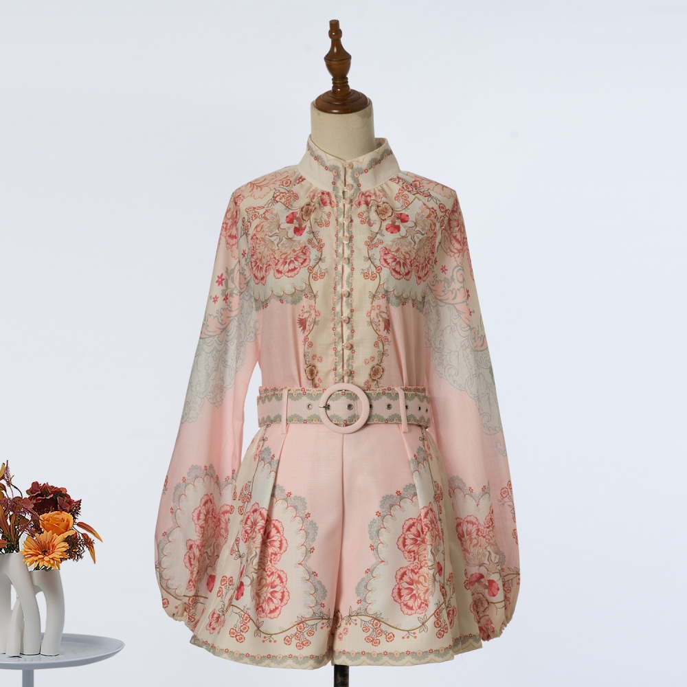 Cstand collar printing belt wide leg shorts