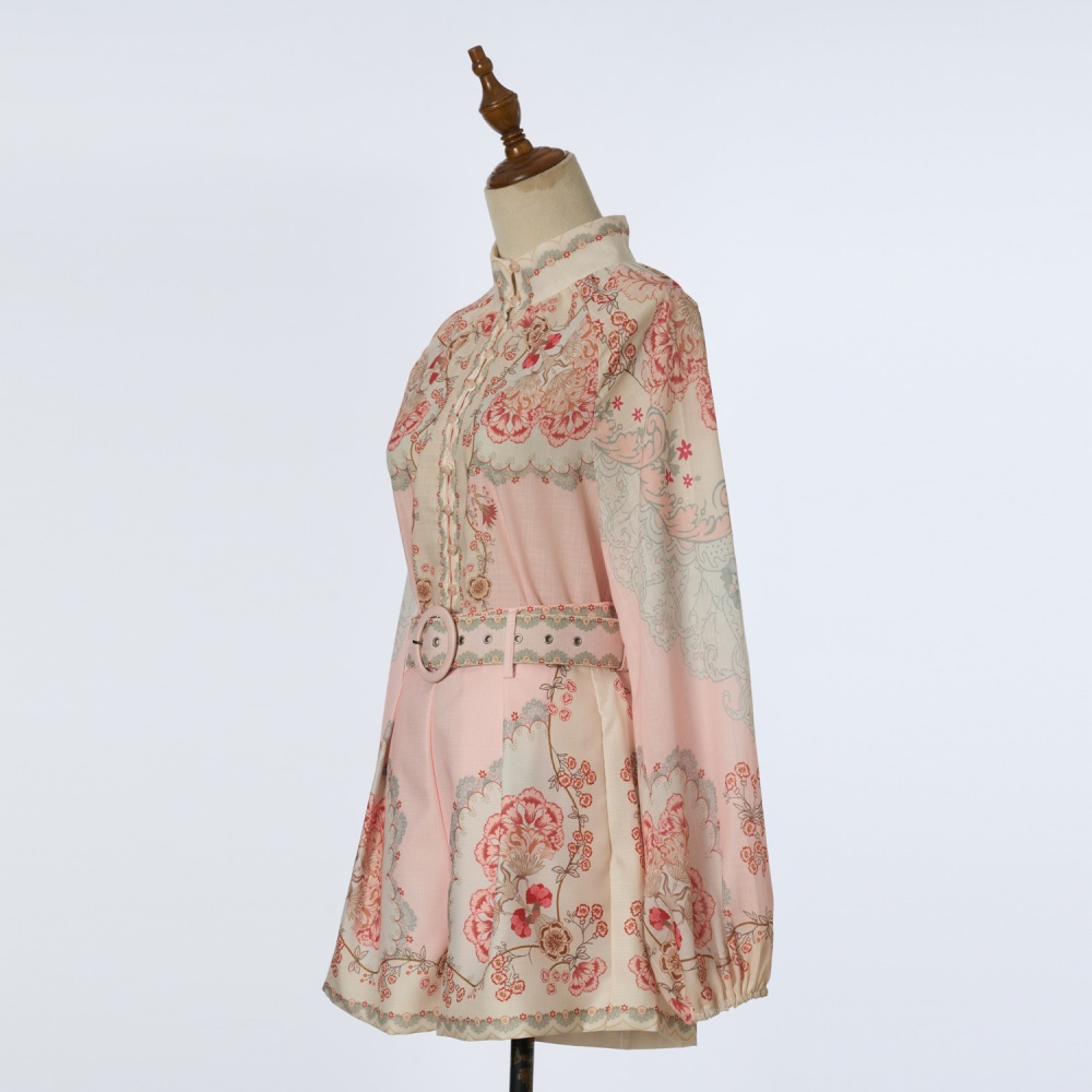 Cstand collar printing belt wide leg shorts