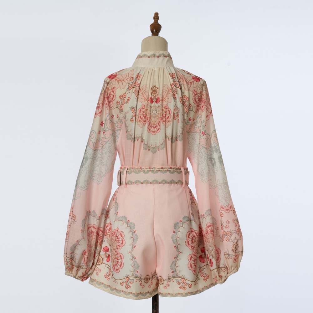 Cstand collar printing belt wide leg shorts