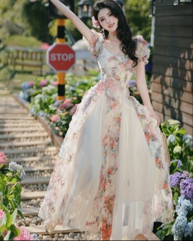 Floral gauze lady short sleeve dress