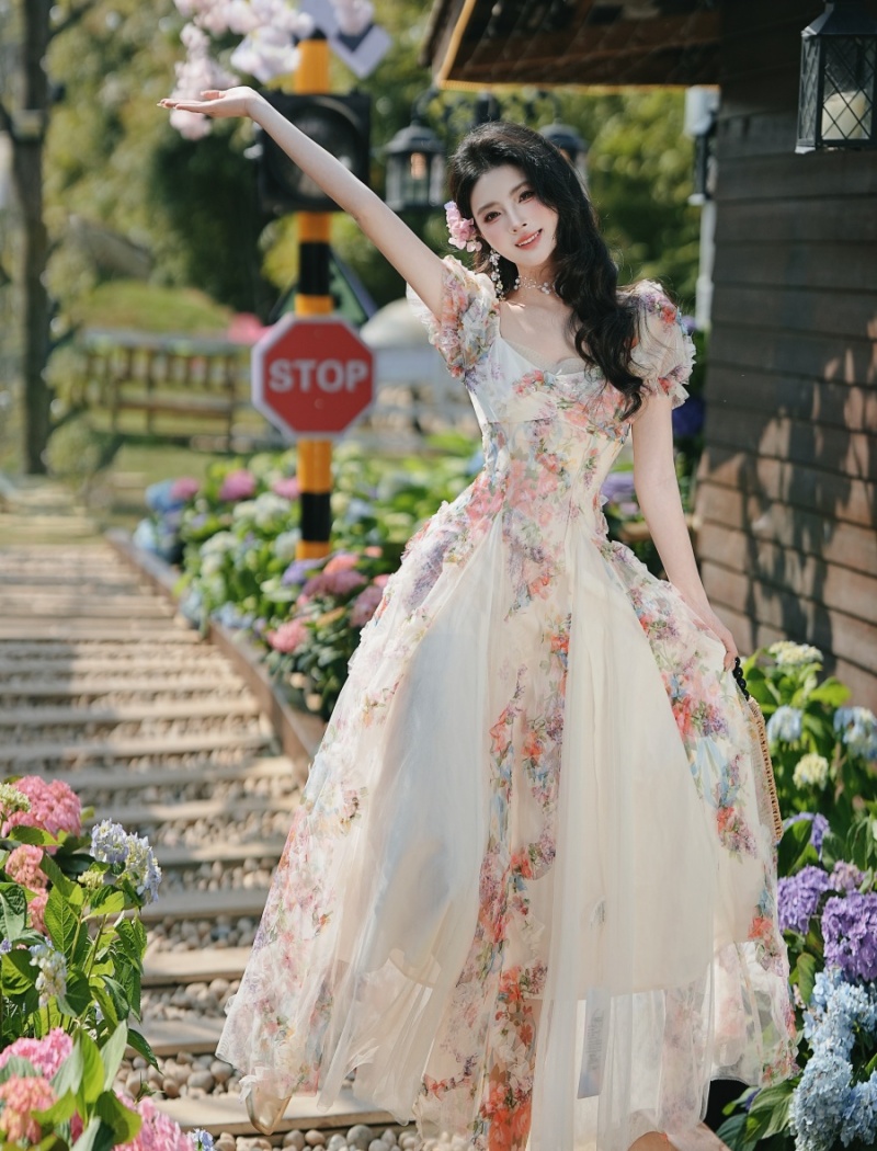 Floral gauze lady short sleeve dress