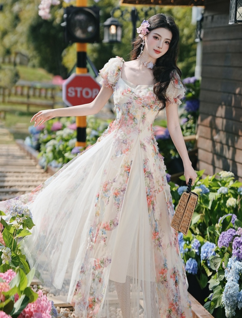 Floral gauze lady short sleeve dress